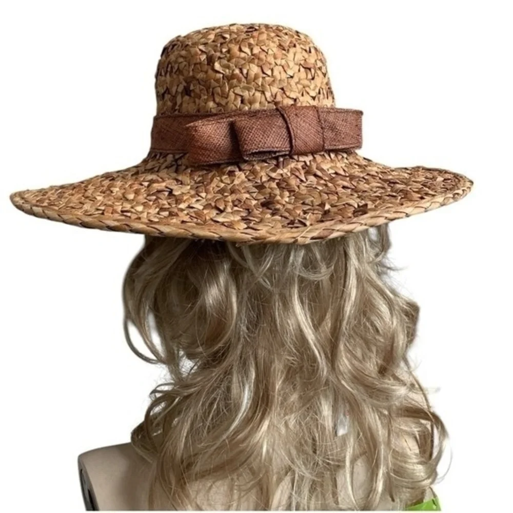Vintage Bucket Hat LIZ CLAIBORNE Women's Beige Woven Beach Hat Wide Brimmed Hat